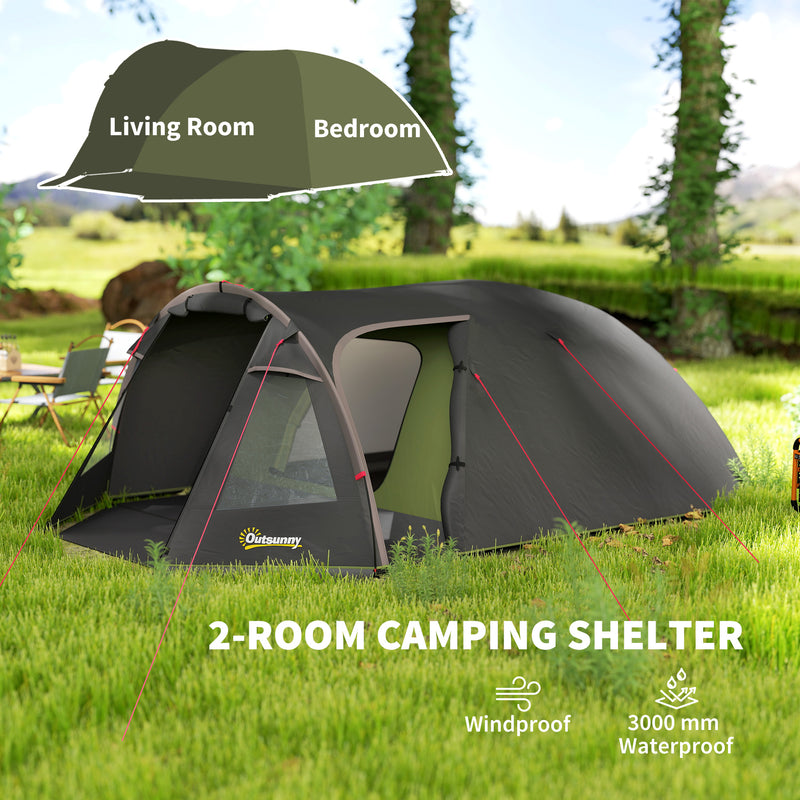 Outsunny - 2-4 Man Camping Tent, 3000mm Waterproof Tunnel Tent with 2 Rooms, Sewn-in Groundsheet, 3 Doors and Hook