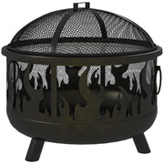 Outsunny - Outdoor Metal Fire Pit, 24" Round Firepit Bowl w/ Lid Grill Poker Handles for Garden, Camping, BBQ, Bonfire, Black