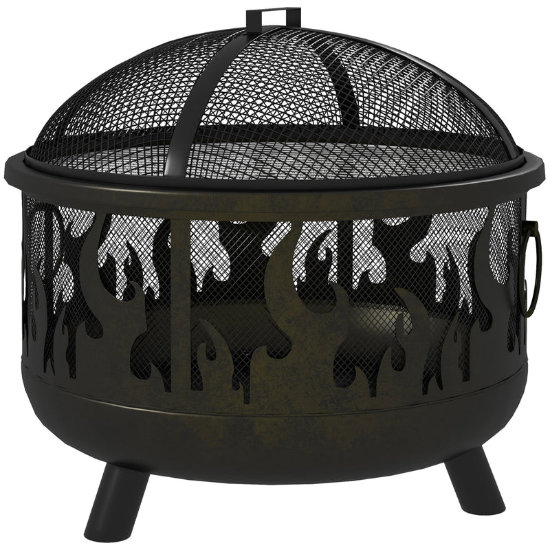 Outsunny - Outdoor Metal Fire Pit, 24" Round Firepit Bowl w/ Lid Grill Poker Handles for Garden, Camping, BBQ, Bonfire, Black