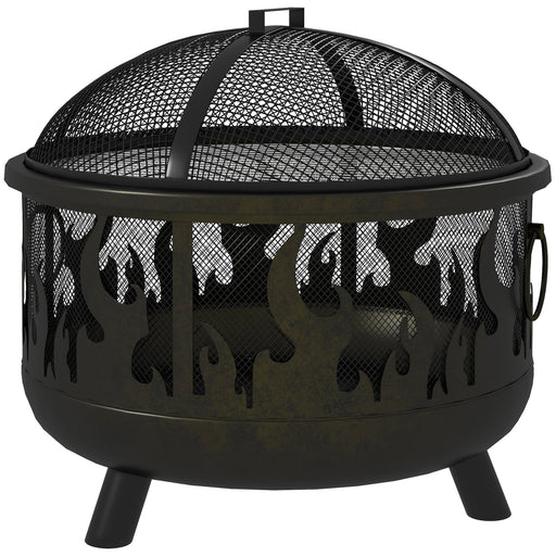 Outsunny - Outdoor Metal Fire Pit, 24" Round Firepit Bowl w/ Lid Grill Poker Handles for Garden, Camping, BBQ, Bonfire, Black