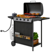 Outsunny - 4+1 Burner Propane Gas BBQ Grill, Portable Gas Barbecue Grill with Side Burner, Thermometer, Lid, Side Table, Shelf, Spice Rack, Wheels, Grease Cup for Garden, Black