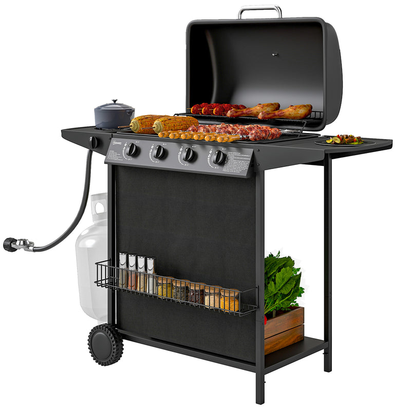 Outsunny - 4+1 Burner Propane Gas BBQ Grill, Portable Gas Barbecue Grill with Side Burner, Thermometer, Lid, Side Table, Shelf, Spice Rack, Wheels, Grease Cup for Garden, Black