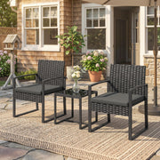Outsunny - Outdoor Bistro Set, 3 Piece Wicker Patio Furniture Set with Glass Top Table and Cushions for Porch, Balcony, Dark Grey