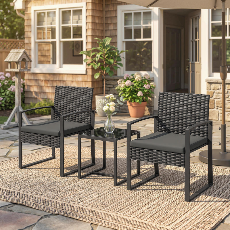 Outsunny - Outdoor Bistro Set, 3 Piece Wicker Patio Furniture Set with Glass Top Table and Cushions for Porch, Balcony, Dark Grey