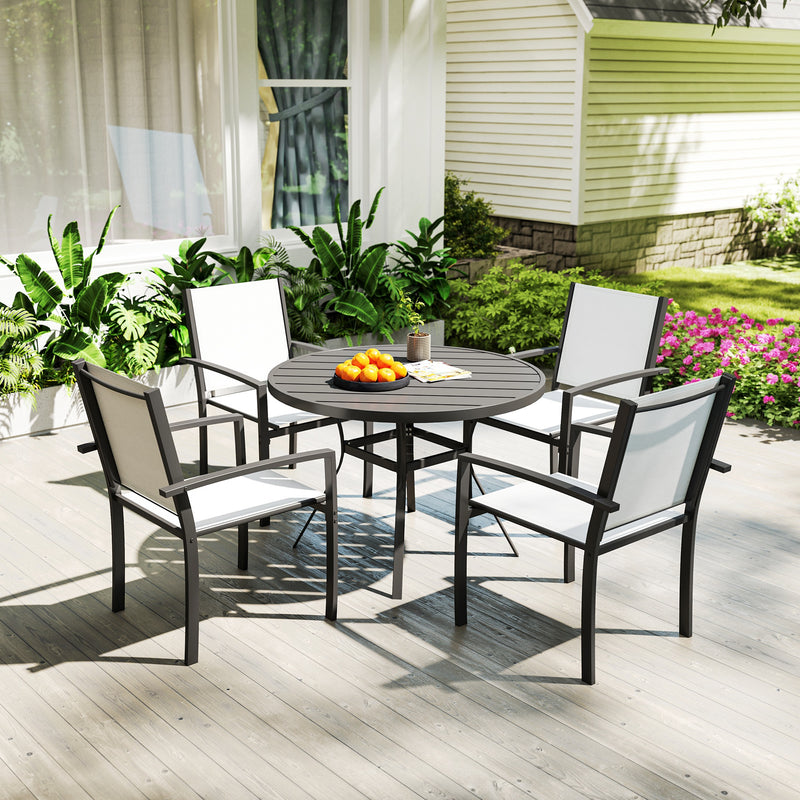 Outsunny - 5 Piece Outdoor Dining Set with Round Table and 4 Stackable Chairs, for Backyard, Lawn, Deck, Balcony, Pool Side