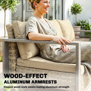 Outsunny - 3-Seater Outdoor Couch, PE Wicker Patio Sofa with Deep Seat, Wood-Effect Aluminum Armrests, Cushions, Khaki