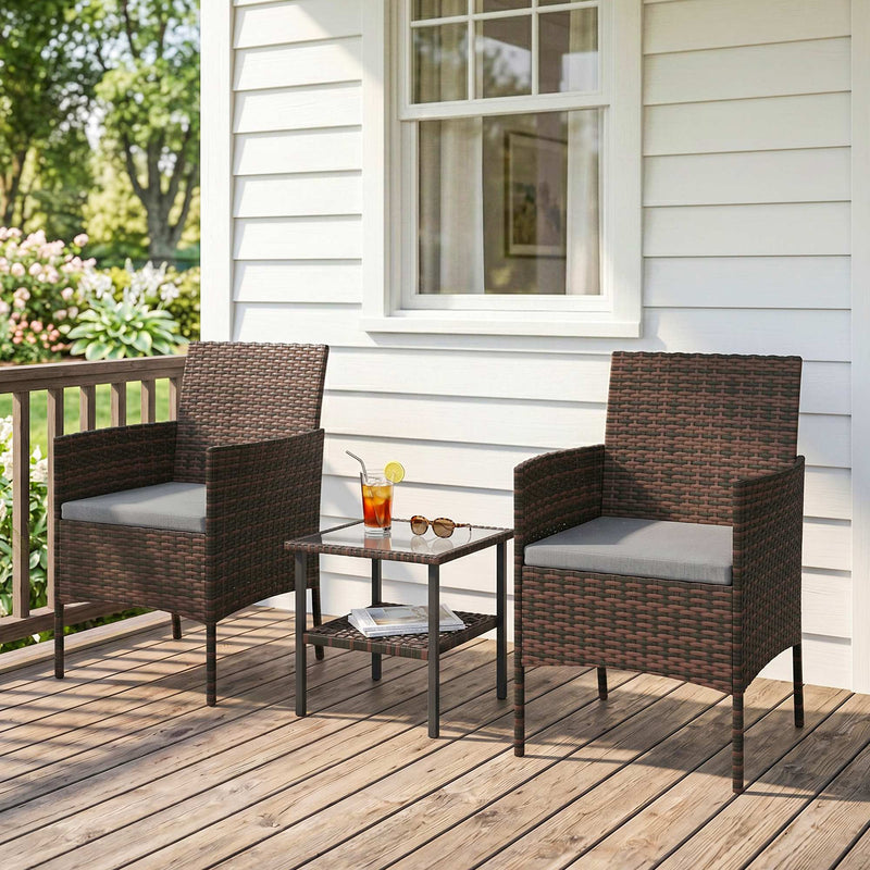 Outsunny - Wicker Bistro Set, 3 Piece Patio Furniture Set with 2-Tier Glass Top Table, Cushions for Balcony, Porch, Dark Grey