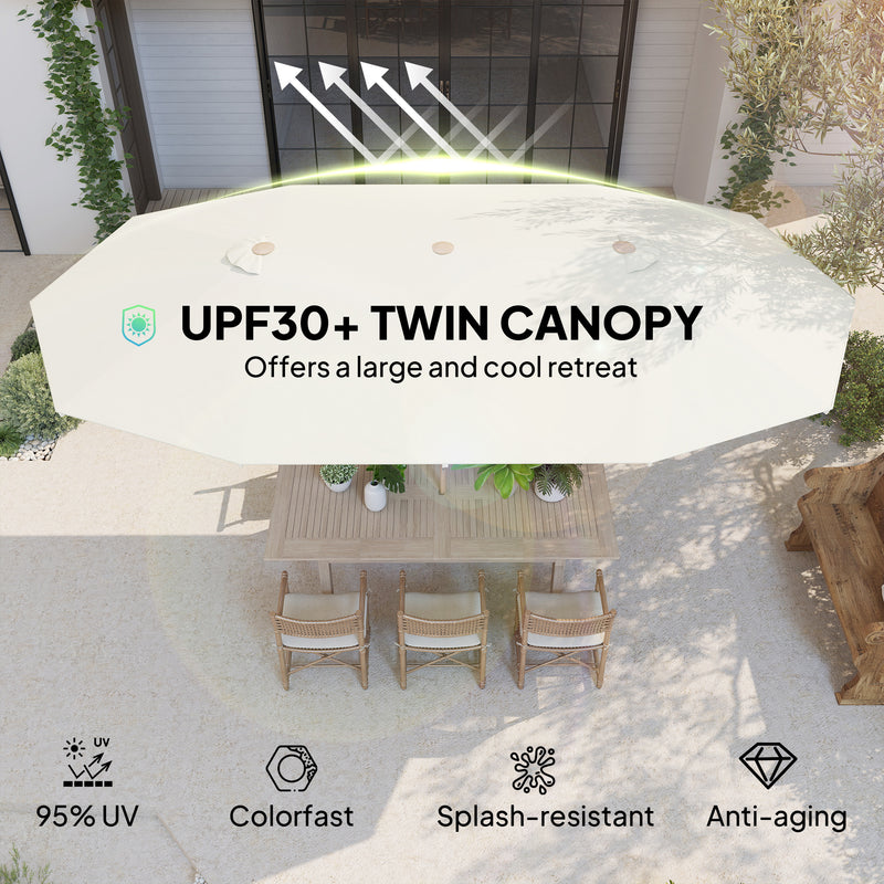 Outsunny - 15 ft Double-Sided Patio Umbrella with Twin Canopy, UPF30+ Extra Large Rectangular Market Umbrella with Crank, Beige — 84D-344V00BG