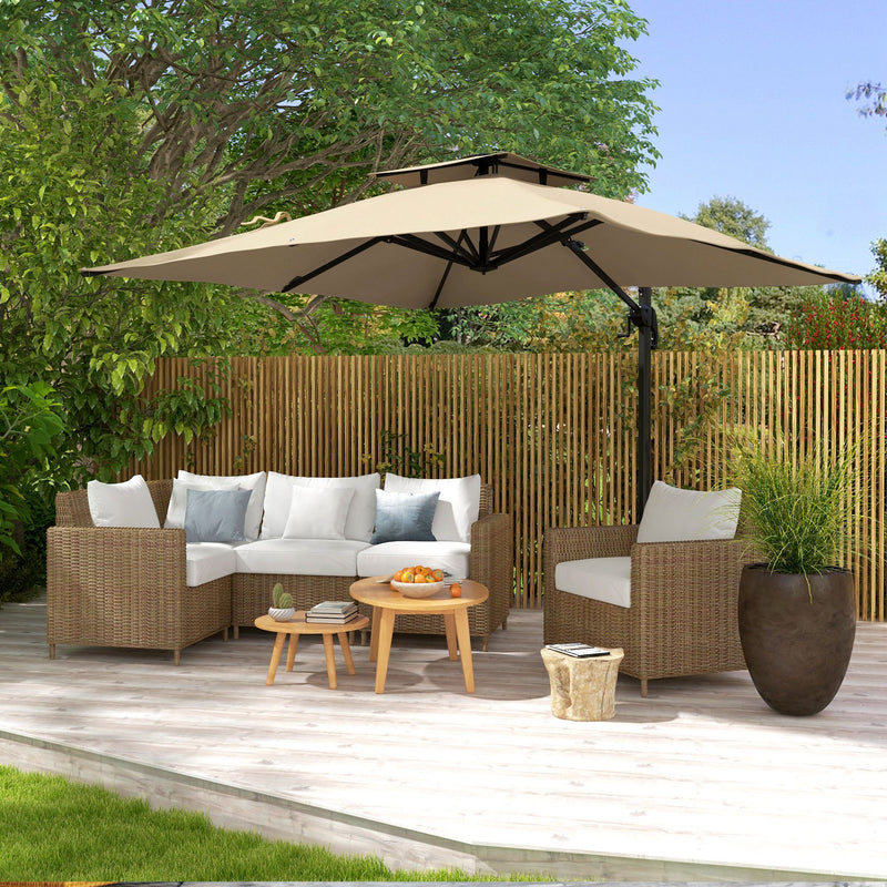 10ft Square Cantilever Patio Umbrella, 360° Rotating Overhanging Umbrella with Cross Base, Crank Handle, Khaki