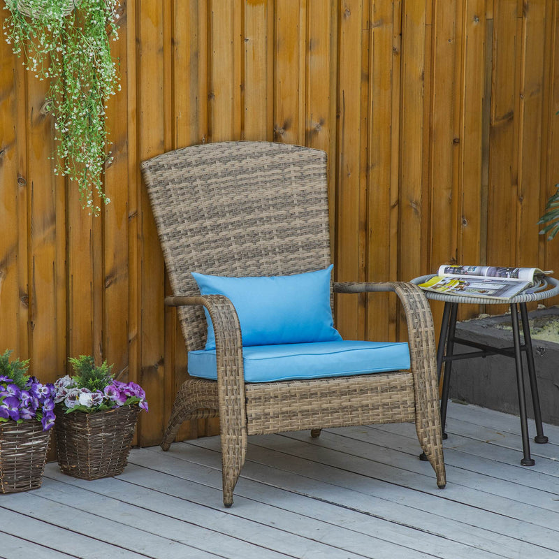 Outsunny - Patio Wicker Adirondack Chair, Outdoor PE Rattan Fire Pit Chair, Muskoka Chair w/ Soft Cushions, Tall Curved Backrest and Comfortable Armrests for Deck Garden, Blue