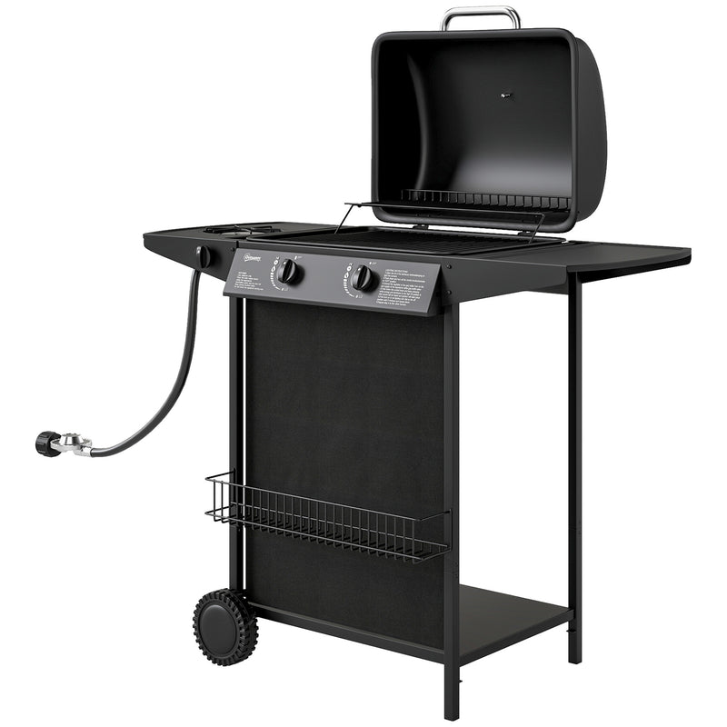 Outsunny - 2+1 Burner Propane Gas BBQ Grill, Portable Gas Barbecue Grill with Side Burner, Thermometer, Lid, Side Table, Shelf, Spice Rack, Wheels, Grease Cup for Garden, Black