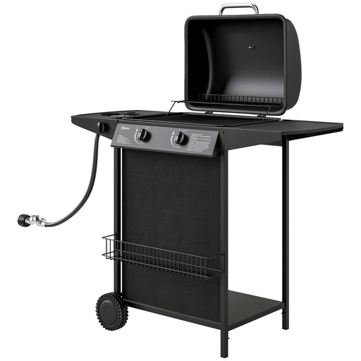 Outsunny - 2+1 Burner Propane Gas BBQ Grill, Portable Gas Barbecue Grill with Side Burner, Thermometer, Lid, Side Table, Shelf, Spice Rack, Wheels, Grease Cup for Garden, Black