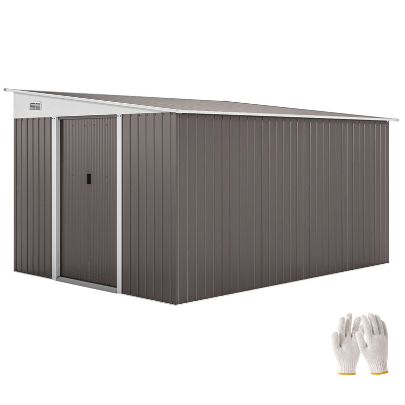 11' x 9' Steel Garden Storage Shed, Outdoor Metal Tool House with Double Sliding Doors & 2 Air Vents, Grey