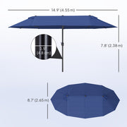 15ft Double-sided Patio Umbrella with Twin Canopy, Extra Large Outdoor Parasol with Crank for Pool, Deck, Market, Blue