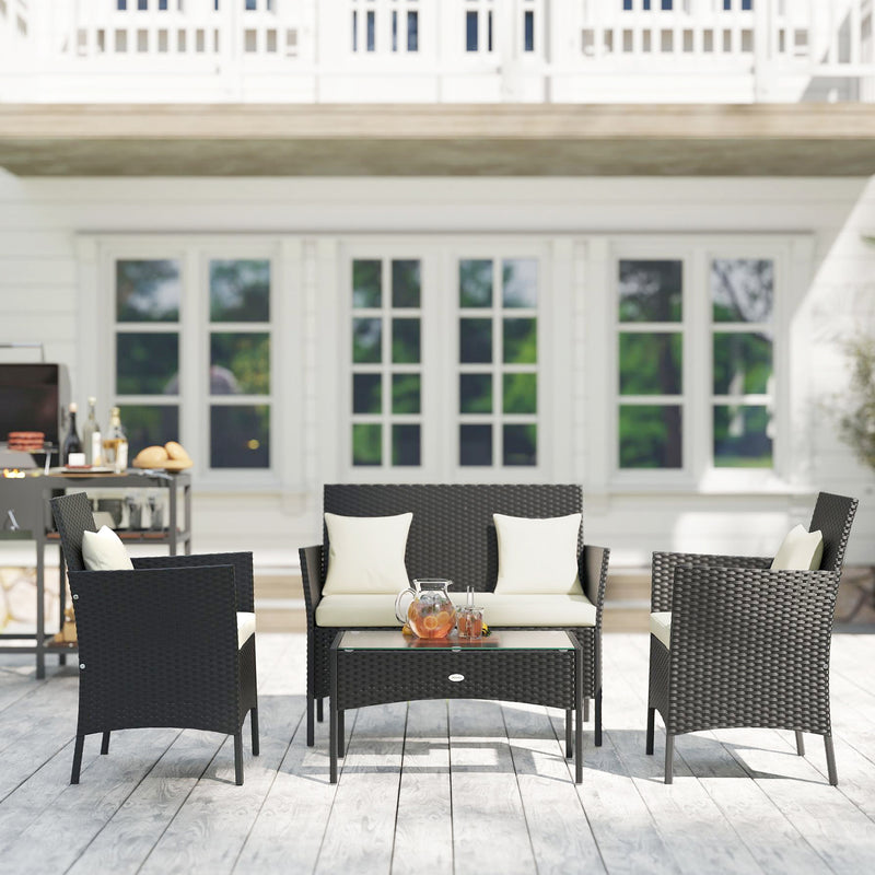 Outsunny - 4-Piece Rattan Outdoor Furniture Set Patio Furniture Set with Coffee Table 22.8" W x 21.7" D x 33.5" H Black & Cream