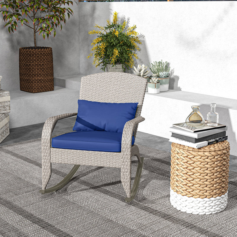 Outsunny - Adirondack Chair, Outdoor Wicker Rocking Chair with High Back, Seat Cushion and Pillow for Porch, Balcony, Dark Blue