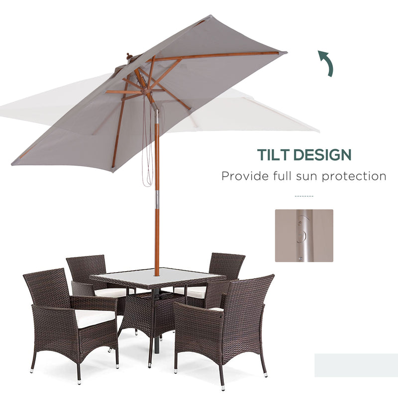 6.6 x 5ft Fir Wooden Patio Umbrella Market Parasol Tilt Mechanism 6 Ribs Garden Sunshade, Grey
