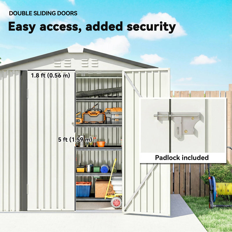 6.5' x 4' Outdoor Storage Shed, Metal Garden Shed with Lockable Double Doors, 4 Vents, Silver-White