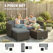 Outsunny - 3 Pieces Patio Furniture Set with Cushions, Outdoor PE Rattan Wicker Conversation Corner Sofa Set with Glass Top Table