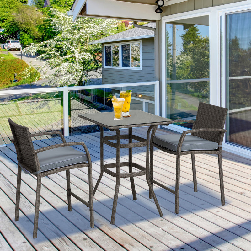 Outsunny - 3 Pieces Patio Bar Set Wicker Garden Bistro Set Outdoor Furniture PE Rattan Table and Stools with Seat Cushion, Grey