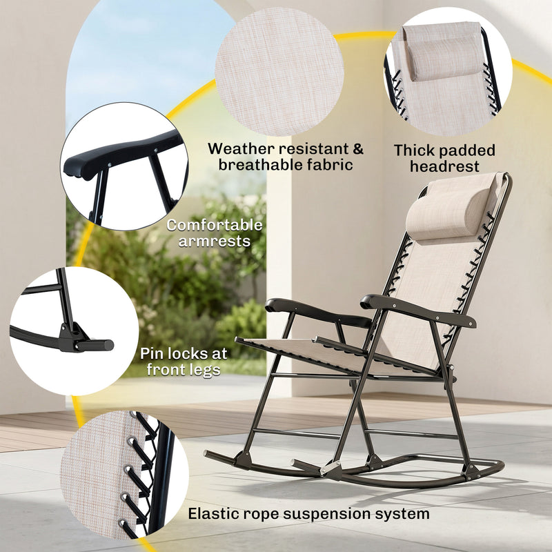 Outsunny - 3pc Patio Rocking Chair Set, Folding Outdoor Rocking Chairs and Table Bistro Set w/ Breathable Mesh Seat & Backrest, Headrest for Park, Backyard, Garden, Cream White