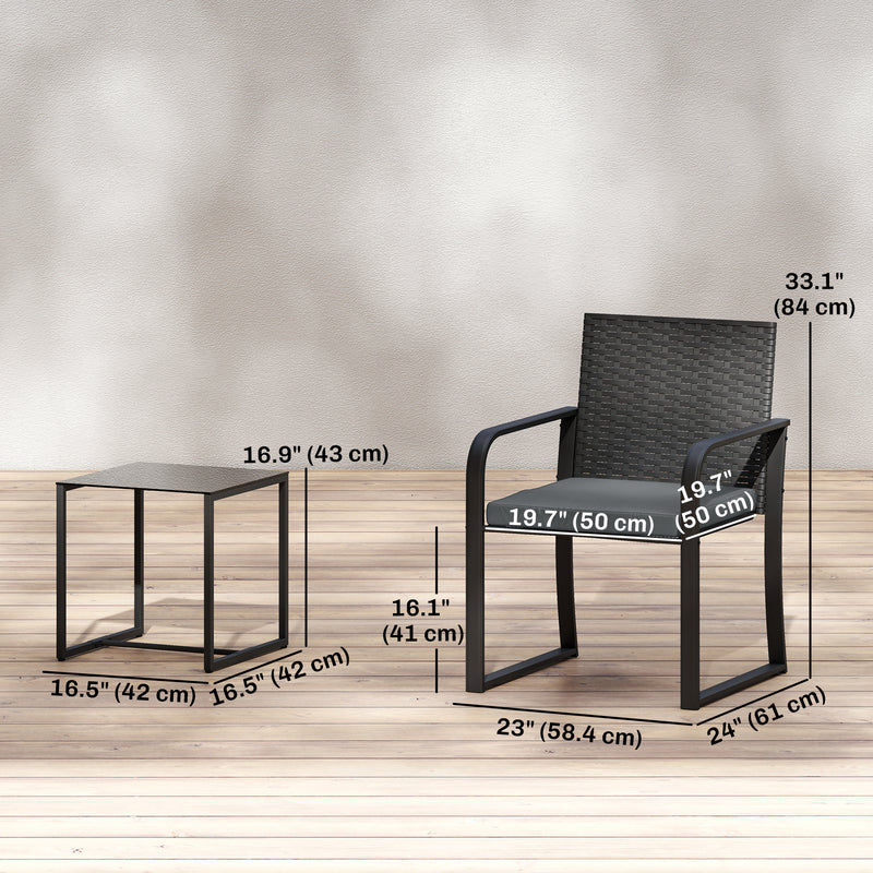Outsunny - Outdoor Bistro Set, 3 Piece Wicker Patio Furniture with Mesh Seat, Glass Table, Cushions for Porch, Balcony, Grey
