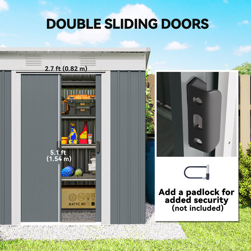 6' x 4' Outdoor Storage Shed, Metal Garden Shed with Lockable Sliding Doors and Vents, Grey