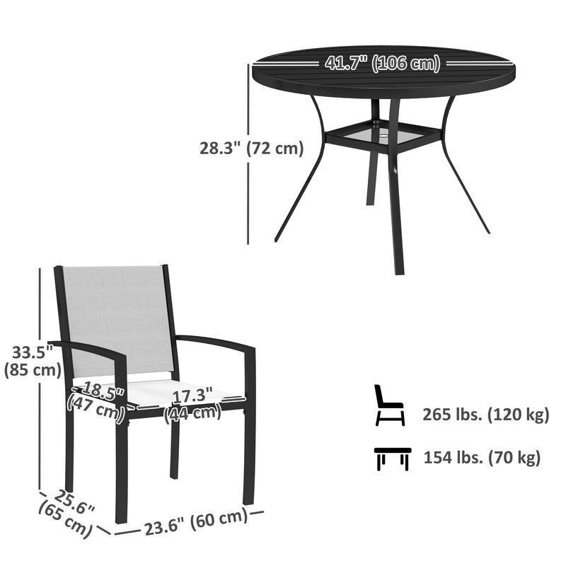 Outsunny - 5 Piece Outdoor Dining Set with Round Table and 4 Stackable Chairs, for Backyard, Lawn, Deck, Balcony, Pool Side