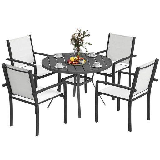 Outsunny - 5 Piece Outdoor Dining Set with Round Table and 4 Stackable Chairs, for Backyard, Lawn, Deck, Balcony, Pool Side