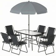 Outsunny - 8 Piece Patio Table and Chairs Set with Folding Chairs, Tempered Glass Tabletop and Umbrella for Garden, Black