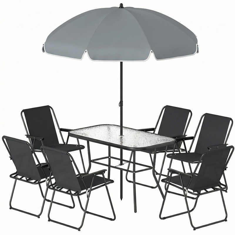 Outsunny - 8 Piece Patio Table and Chairs Set with Folding Chairs, Tempered Glass Tabletop and Umbrella for Garden, Black