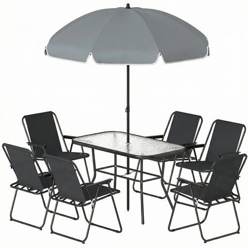 Outsunny - 8 Piece Patio Table and Chairs Set with Folding Chairs, Tempered Glass Tabletop and Umbrella for Garden, Black