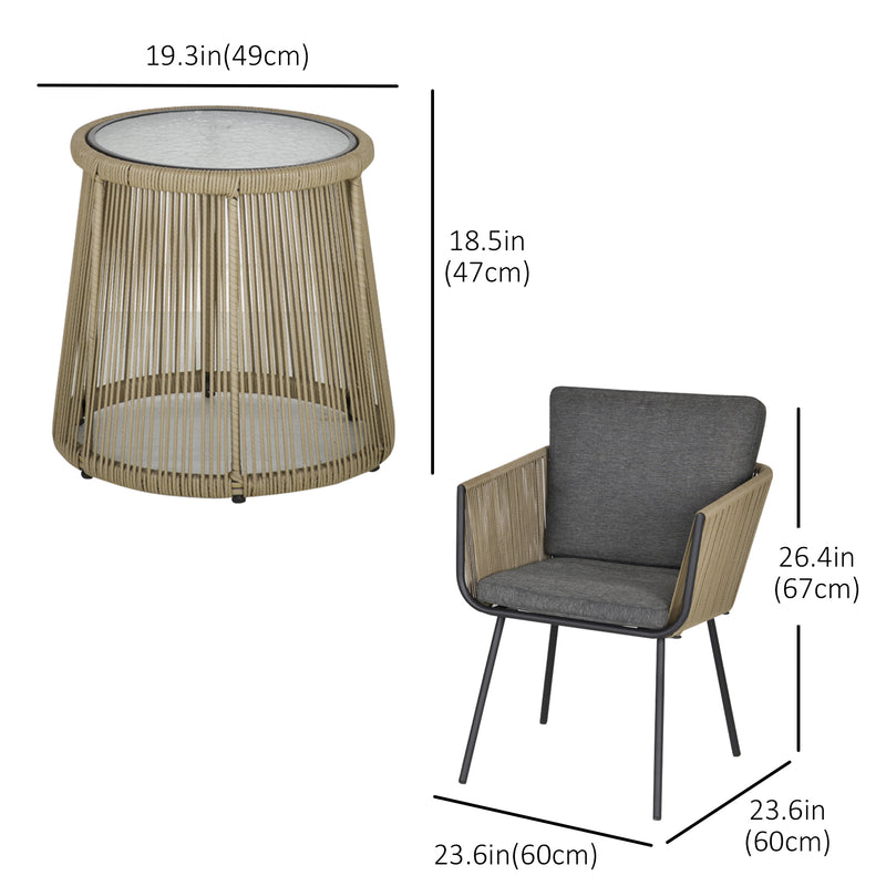Outsunny - 3 Pieces Wicker Patio Furniture Set, Rattan Bistro Set with Coffee Table and Cushions, Outdoor Conversation Set for Garden, Porch, Balcony, Grey