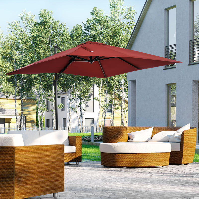 Outsunny - 8' x 8' Square Patio Hanging Offset Umbrella with 360° Rotation, Aluminum Outdoor Cantilever Parasol with Crank & Tilt, Sun Canopy Shelter with Cross Base, Wine Red — 84D-051V00WR