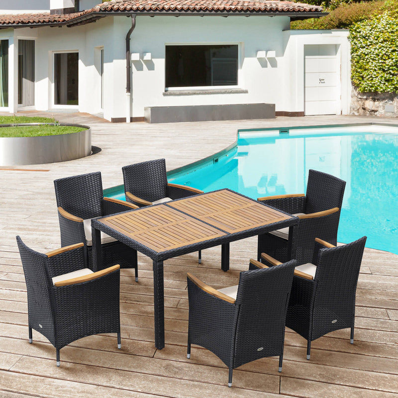 Outsunny - 7 Pieces Outdoor Dining Set for 6, PE Wicker Rattan Patio Furniture Set with High-Back Armchairs, Glass Table Top