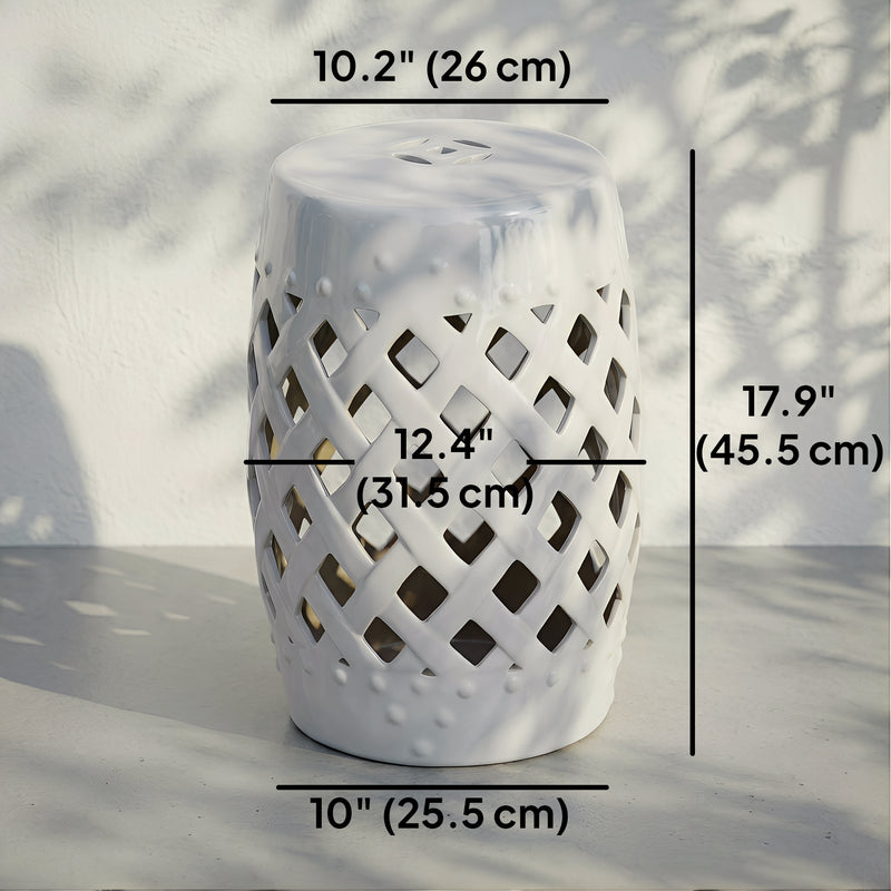 Outsunny - 12.4" x 17.9" Ceramic Garden Stool with Woven Lattice Design, Indoor & Outdoor Decorative Accent Stool, White