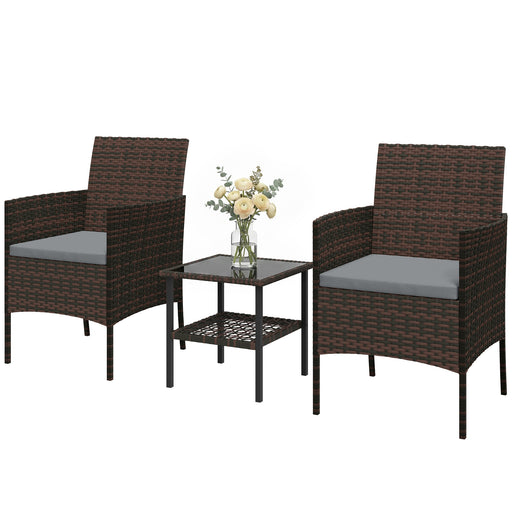 Outsunny - Wicker Bistro Set, 3 Piece Patio Furniture Set with 2-Tier Glass Top Table, Cushions for Balcony, Porch, Dark Grey