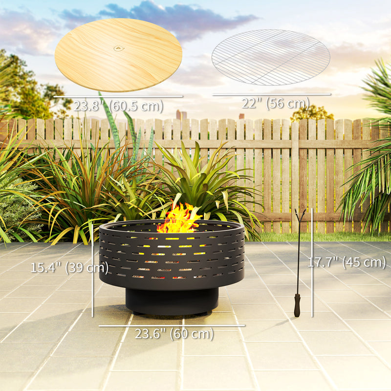 Outsunny - 3-in-1 Fire Pit Φ23.8" x 15.4" Outdoor Fire Bowl with Grill Grate, Wood-Effect Fire Basket