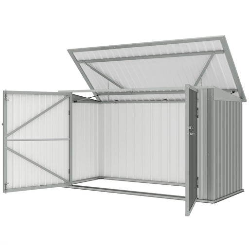 7.6 x 3.4ft Outdoor Storage Shed, 3 Garbage Bin Shed Organizer with Lockable Double Doors, Openable Lid, Silver Grey