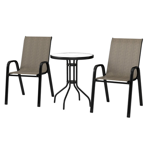 Outsunny - 3 Pieces Bistro Set, Small Patio Furniture Set with Stackable Mesh Chairs, Glass Table for Garden, Light Mixed Brown
