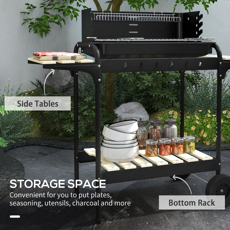 Outsunny - Charcoal Barbecue Grill with Adjustable Grill Height, Portable BBQ Trolley with Ash Catcher and Wheels, Black