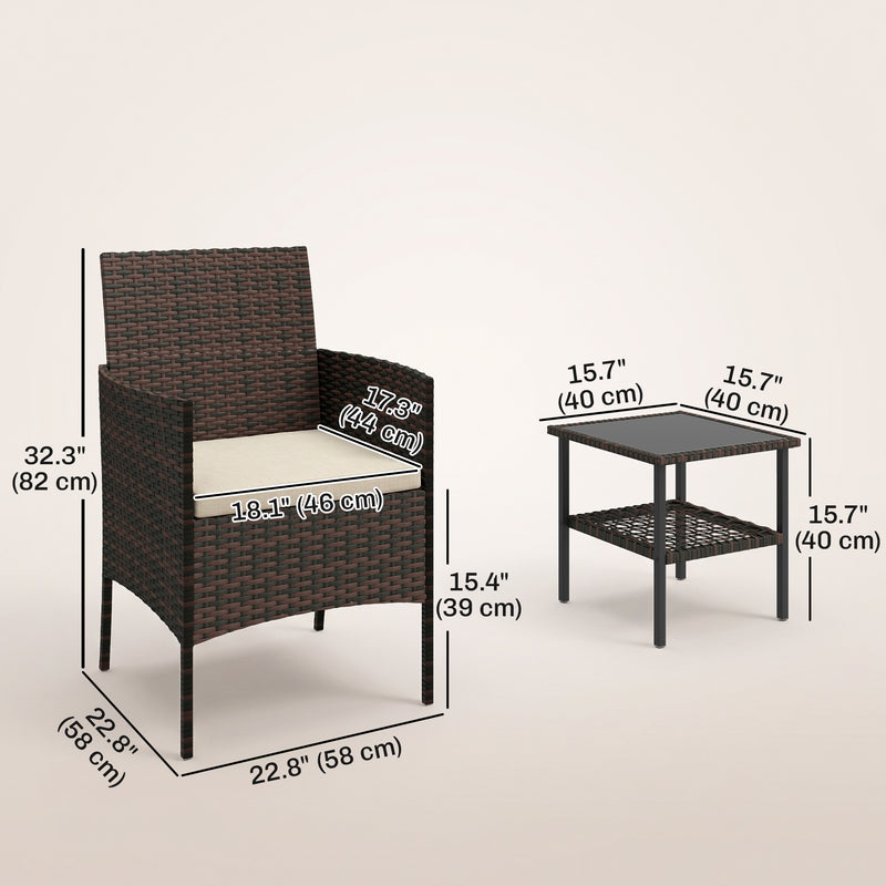 Outsunny - Wicker Bistro Set, 3 Piece Patio Furniture Set with 2-Tier Glass Top Table, Cushions for Balcony, Porch, Khaki