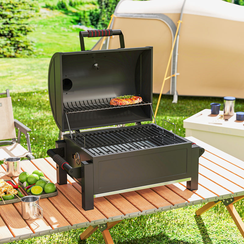Outsunny - Tabletop Charcoal Smoker, Portable BBQ with Ash Catcher and Thermometer for Backyard, Camping, Picnic, Black