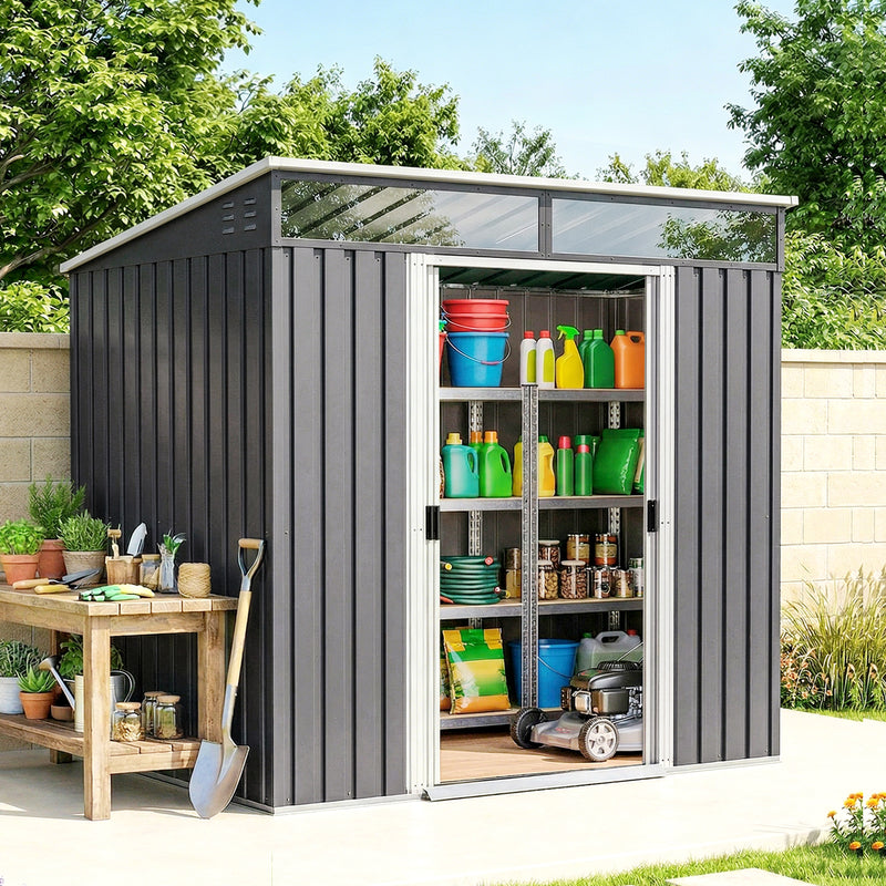 6.5x4FT Galvanised Metal Shed with Foundation Kit, Lockable Garden Tool Storage House with Sliding Doors, Vents, Grey
