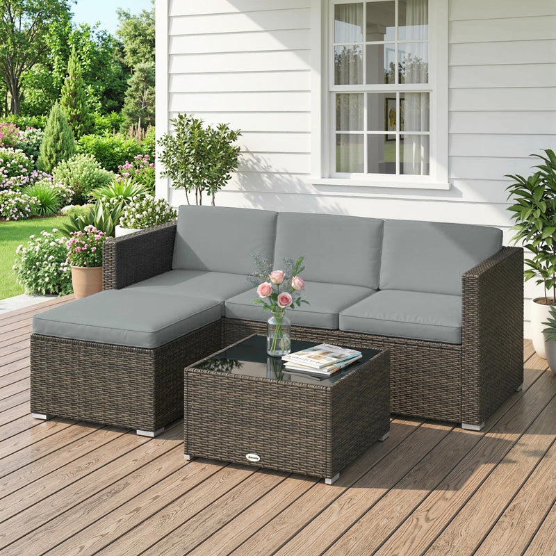 Outsunny - 3 Pieces Patio Furniture Set with Cushions, Outdoor PE Rattan Wicker Conversation Corner Sofa Set with Glass Top Table