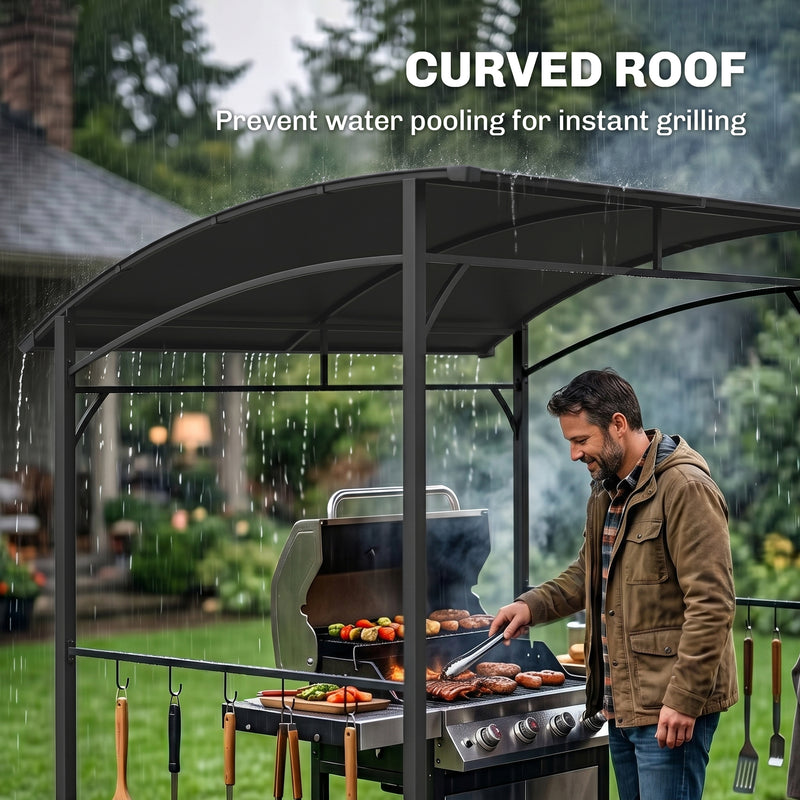 Outsunny - 7' x 5' Garden Grill Canopy, BBQ Grill Gazebo Tent with Steel Frame and Hooks, Outdoor Sun Shade, Charcoal Grey
