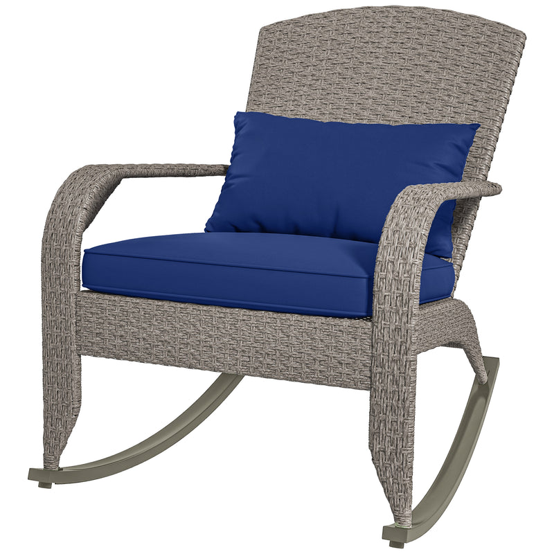 Outsunny - Adirondack Chair, Outdoor Wicker Rocking Chair with High Back, Seat Cushion and Pillow for Porch, Balcony, Dark Blue