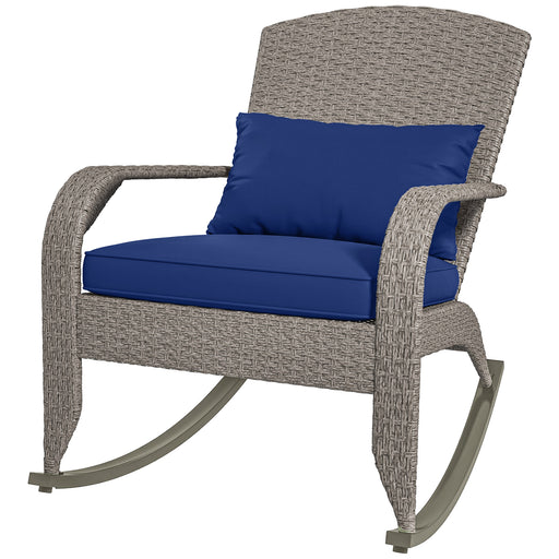 Outsunny - Adirondack Chair, Outdoor Wicker Rocking Chair with High Back, Seat Cushion and Pillow for Porch, Balcony, Dark Blue