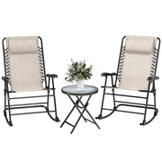 Outsunny - 3pc Patio Rocking Chair Set, Folding Outdoor Rocking Chairs and Table Bistro Set w/ Breathable Mesh Seat & Backrest, Headrest for Park, Backyard, Garden, Cream White