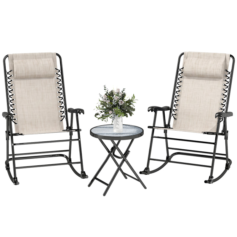 Outsunny - 3pc Patio Rocking Chair Set, Folding Outdoor Rocking Chairs and Table Bistro Set w/ Breathable Mesh Seat & Backrest, Headrest for Park, Backyard, Garden, Cream White